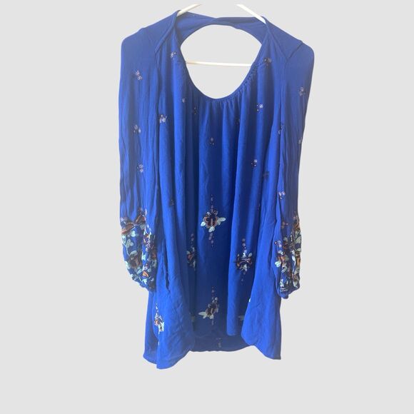 Free People Oxford Embroidered Mini Swing Dress Size Medium Cobalt Blue Pockets - Picture 5 of 8